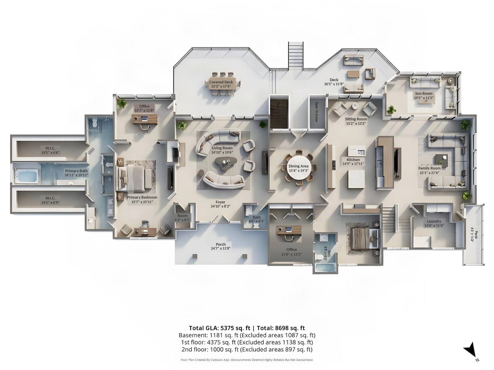 Main level floor plan, rendered in three dimensions and furnished