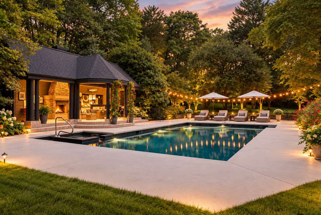 Pool and pavilion, the fireplace lit