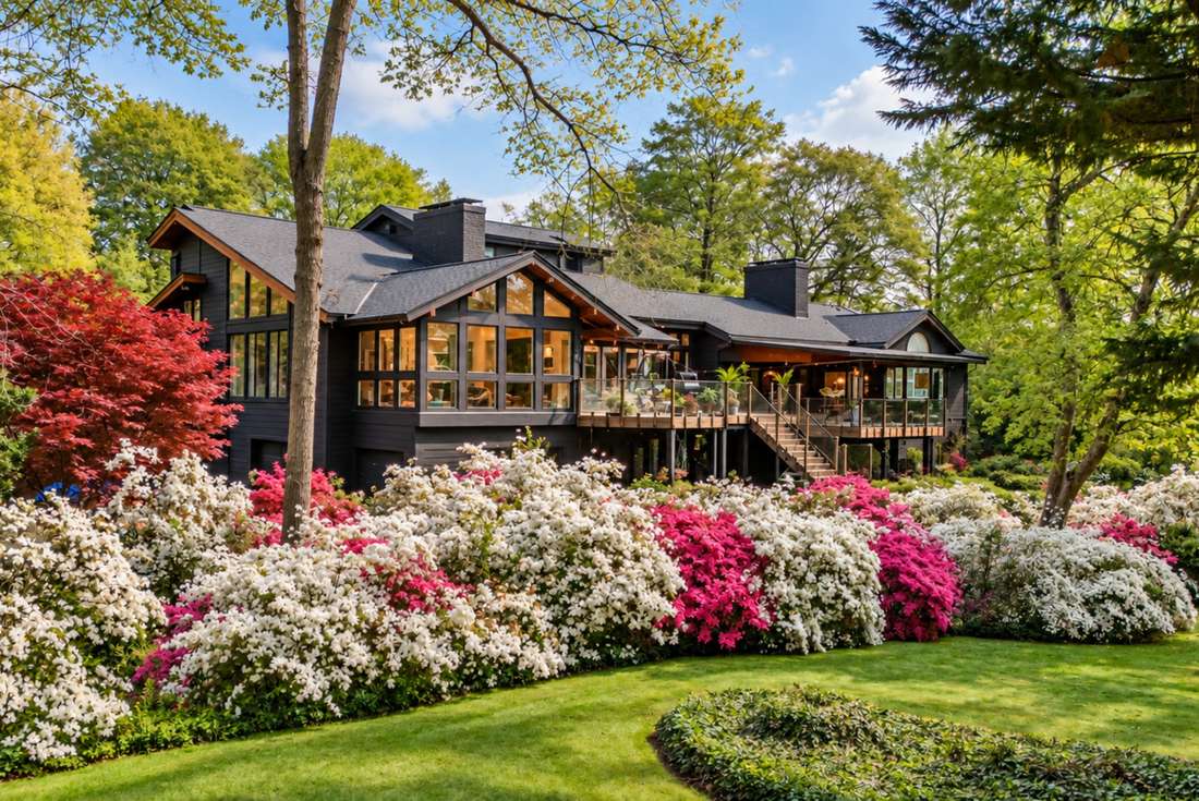 Massed azaleas against the house