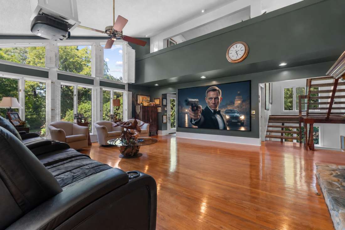 The fifteen-and-a-half-foot screen, down