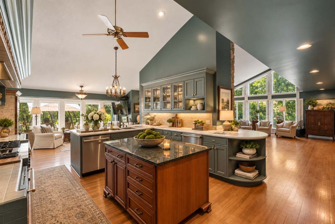 Kitchen with an island and two peninsulas