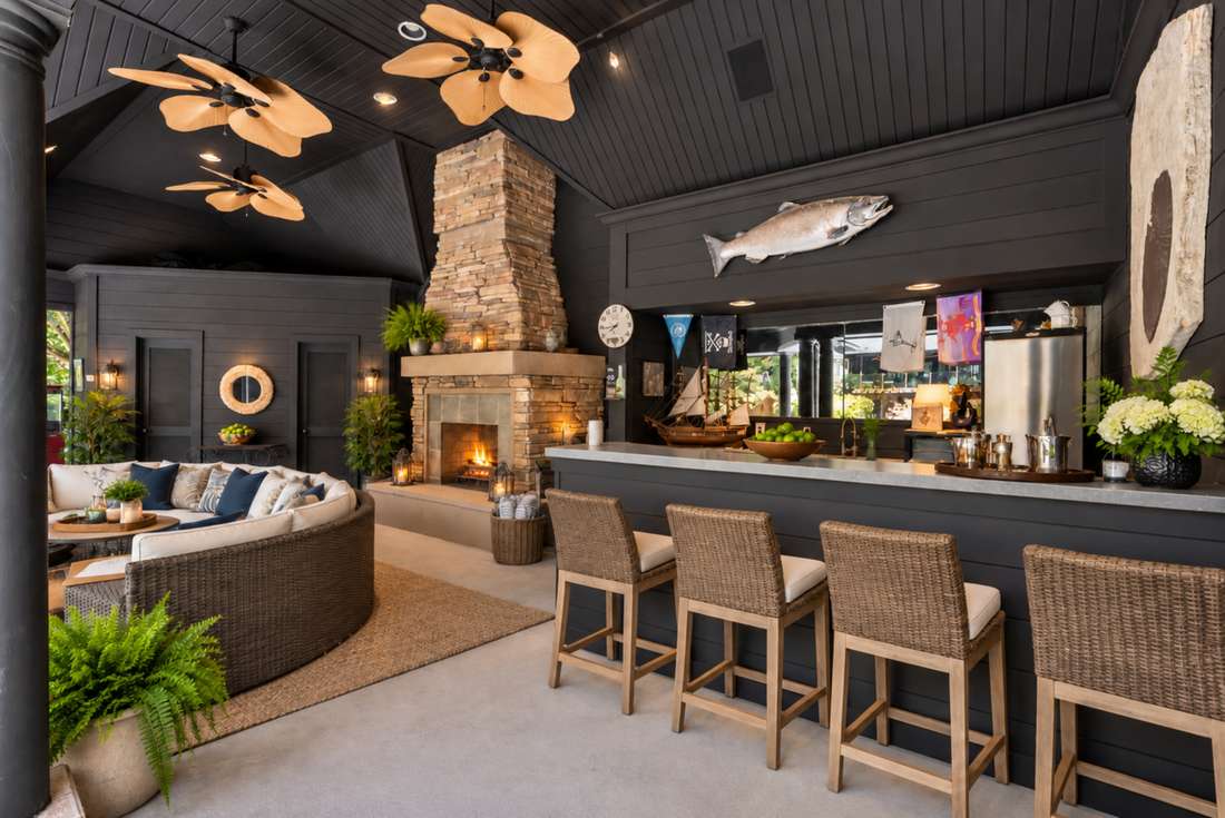 Pavilion interior, bar and stone chimney