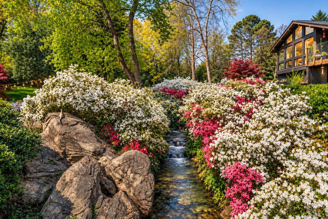 The creek framed in azaleas